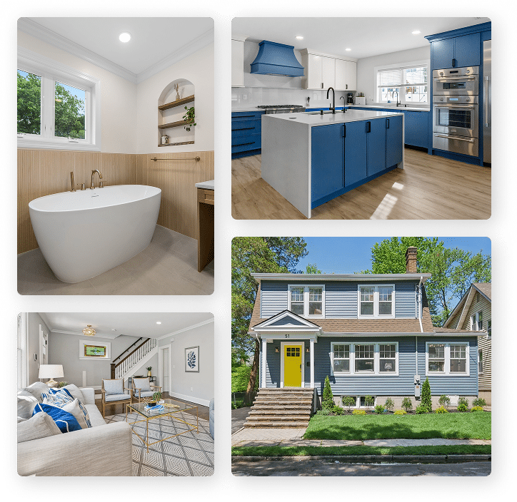a collage of renovation photos of a bathroom, kitchen, living space and house